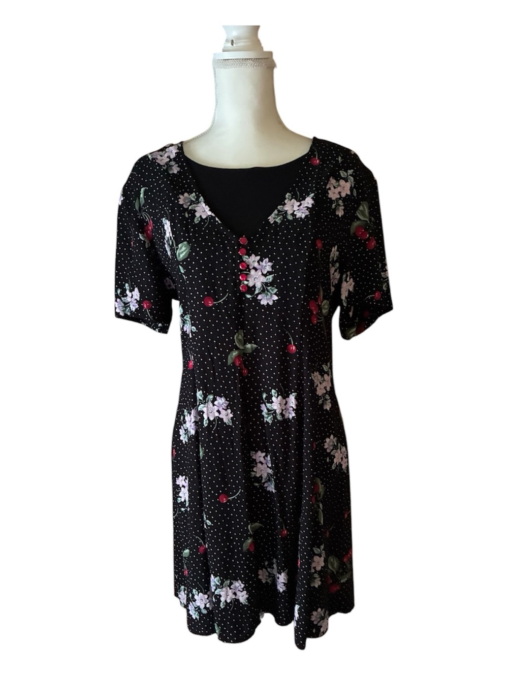 Vintage Women Fashion Bug Black Floral Polka Dot Midi Dress Crisscross Tie